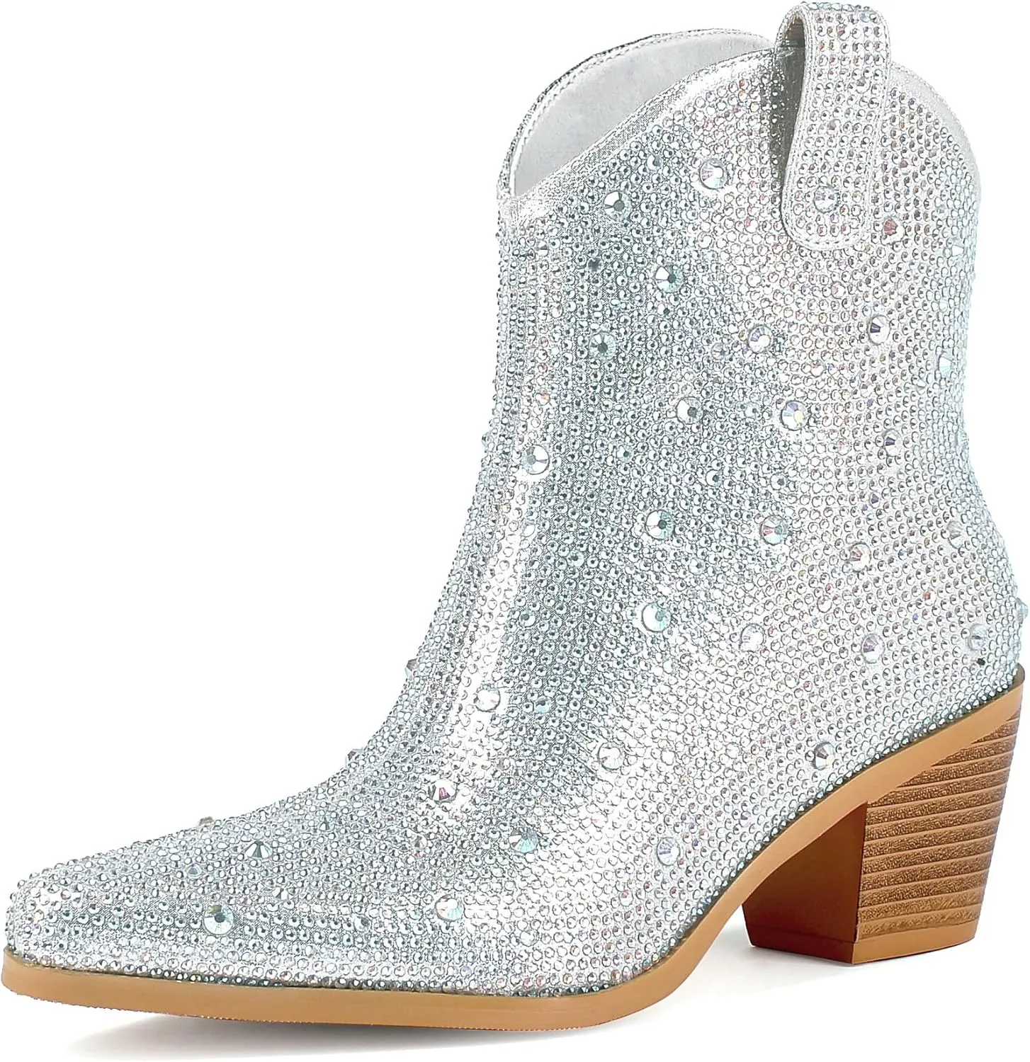 FIFSY Women Rhinestone Cowboy Boots Glitter Chunky Heel Sparkly Cowgirl Ankle Boots…