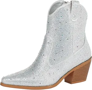 FIFSY Women Rhinestone Cowboy Boots Glitter Chunky Heel Sparkly Cowgirl Ankle Boots…