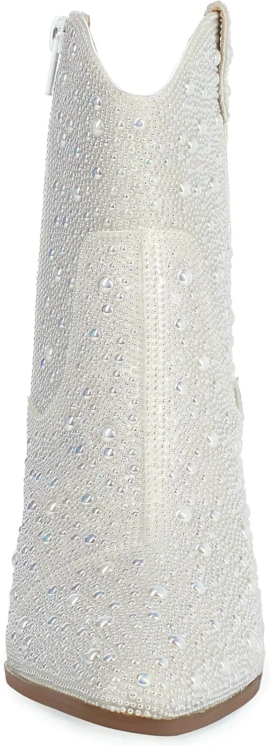 FIFSY Women Rhinestone Cowboy Boots Glitter Chunky Heel Sparkly Cowgirl Ankle Boots…