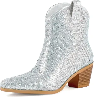 FIFSY Women Rhinestone Cowboy Boots Glitter Chunky Heel Sparkly Cowgirl Ankle Boots…
