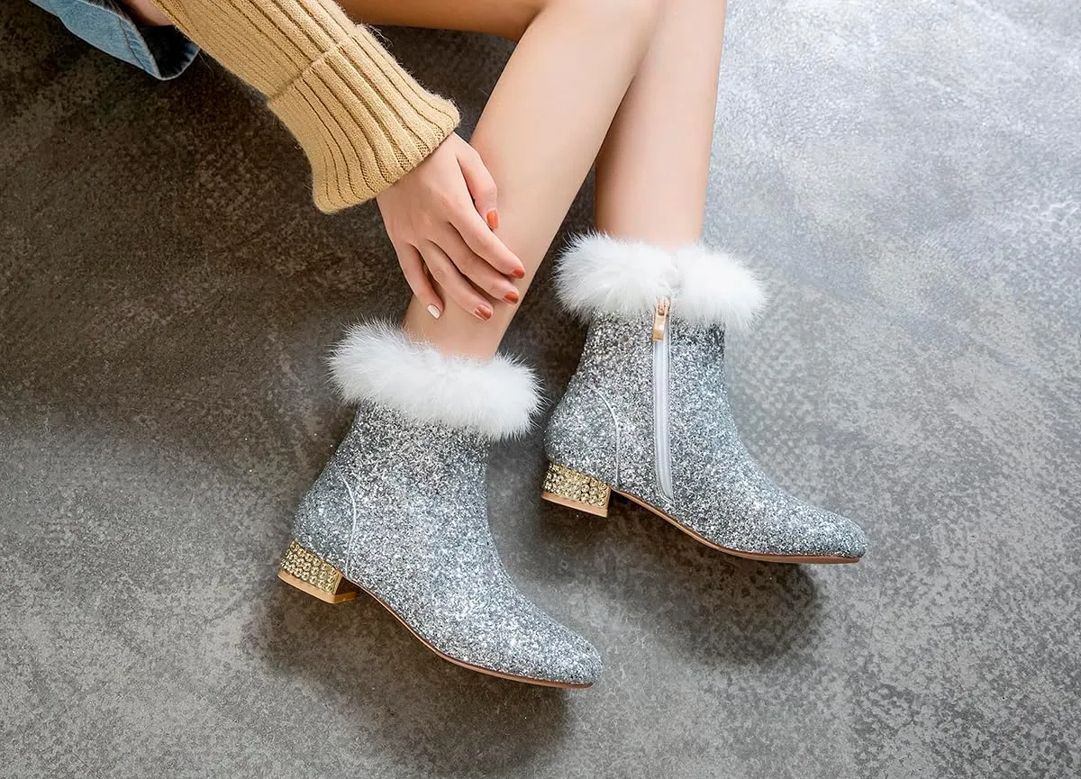 FIFSY Women Sequin Ankle Boots Low Heel Sparkly Glitter Booties