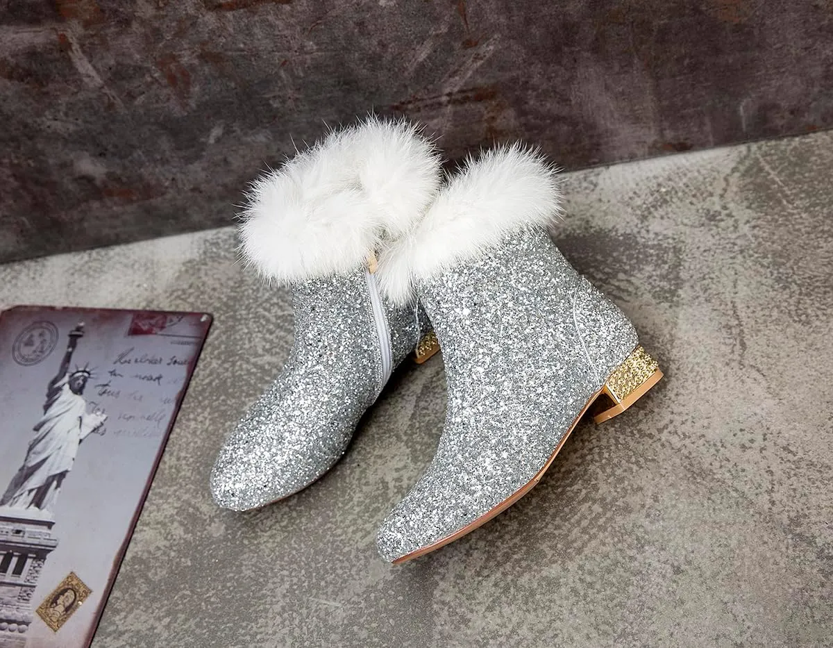 FIFSY Women Sequin Ankle Boots Low Heel Sparkly Glitter Booties