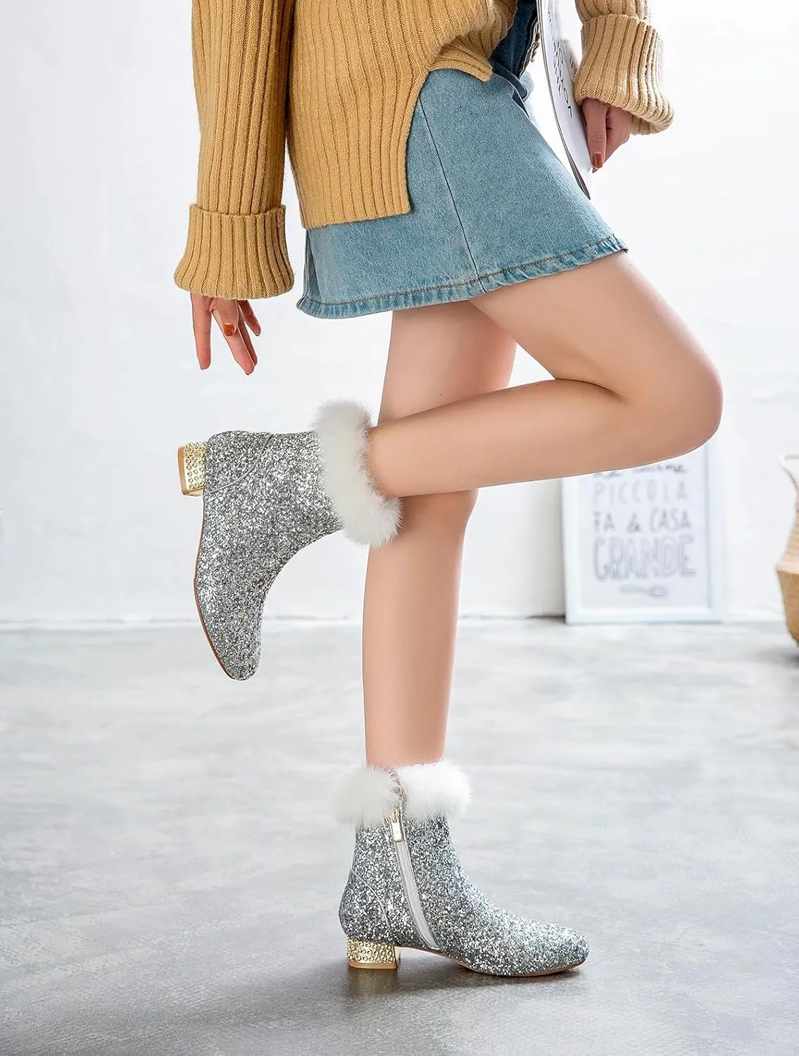 FIFSY Women Sequin Ankle Boots Low Heel Sparkly Glitter Booties
