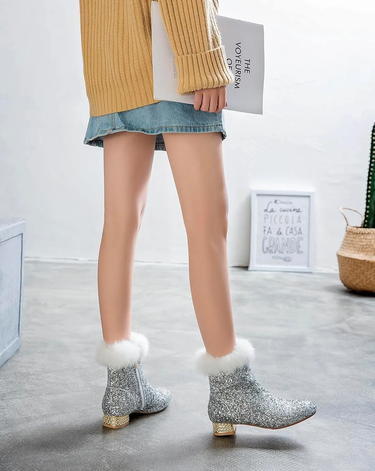 FIFSY Women Sequin Ankle Boots Low Heel Sparkly Glitter Booties