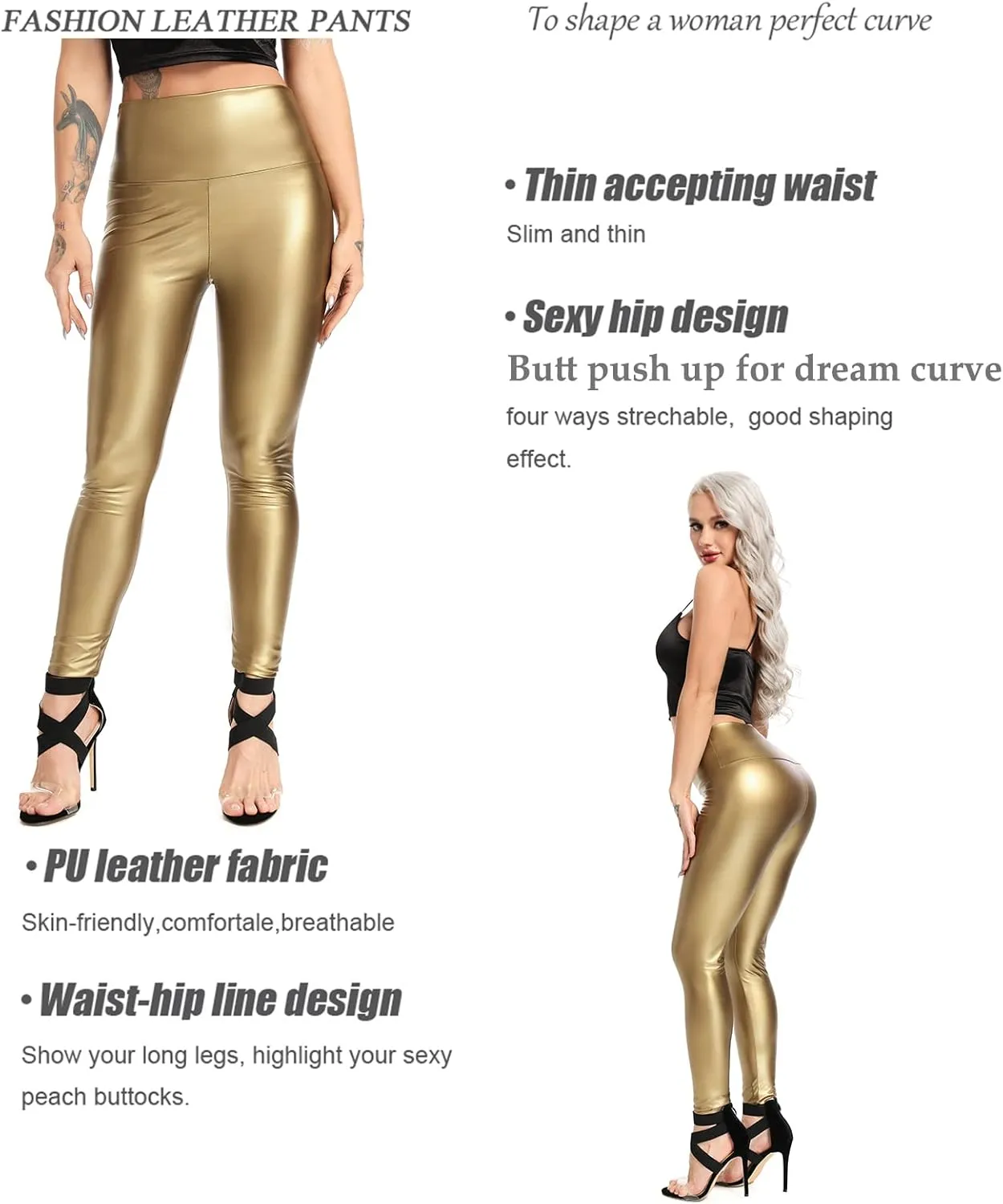FITTOO Women's Faux Leather Pants High Waisted Pu Leggings Stretchy Black Tights