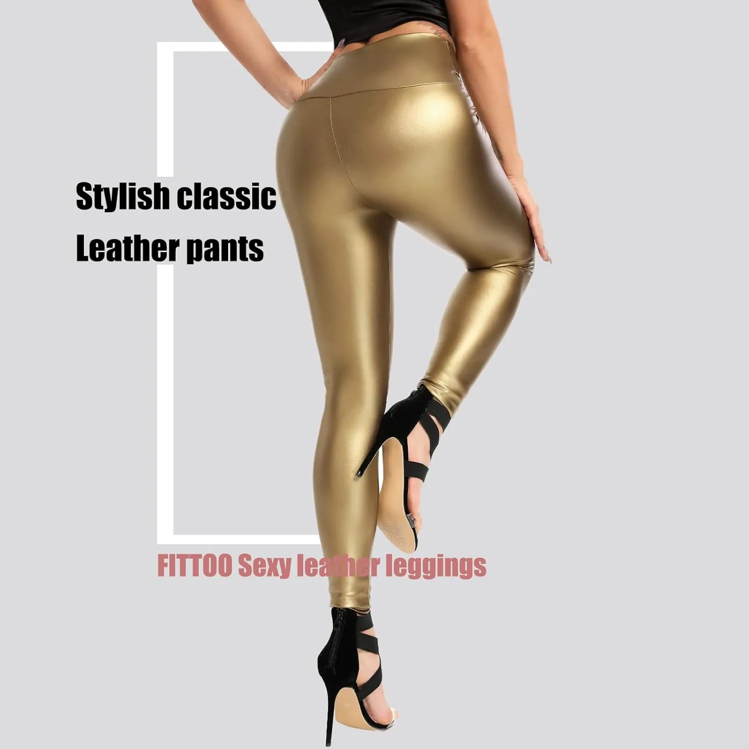 FITTOO Women's Faux Leather Pants High Waisted Pu Leggings Stretchy Black Tights