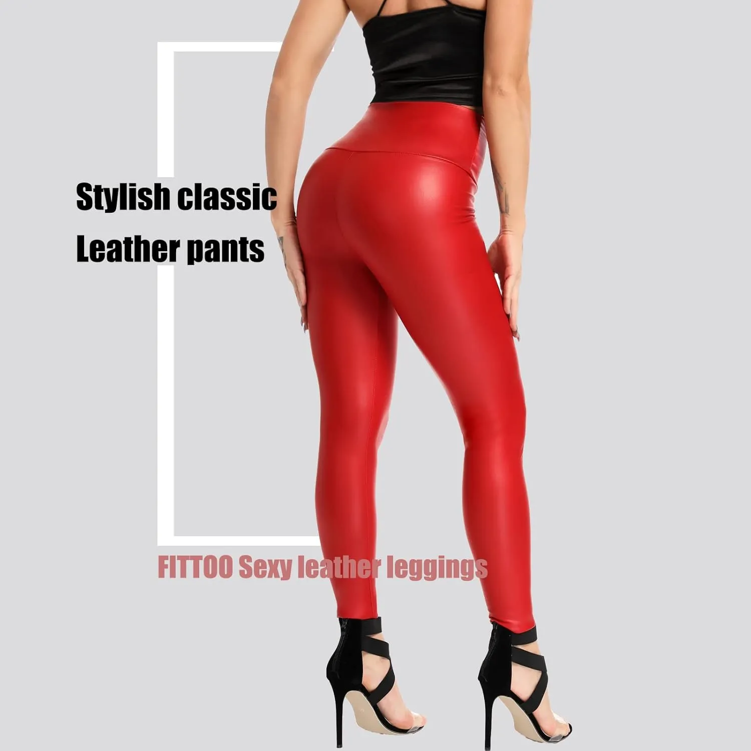 FITTOO Women's Faux Leather Pants High Waisted Pu Leggings Stretchy Black Tights