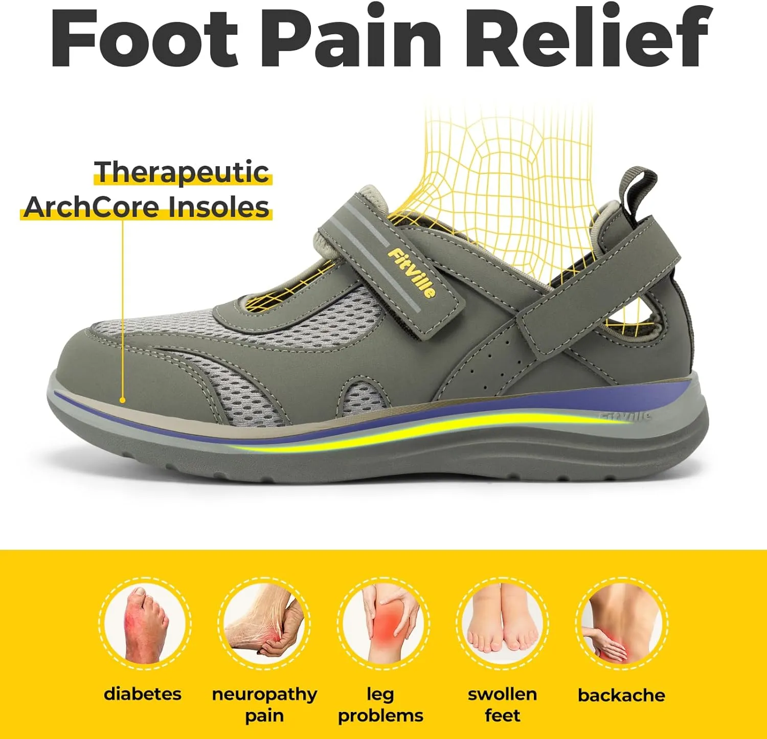 FitVille Diabetic Shoes for Women Extra Wide Width Diabetic Womens Sandals, Walking Shoes with Adjustable Closures Arch Support, Orthopedic Sandals for Flat Feet Heel Pain Relief,Plantar Fasciitis