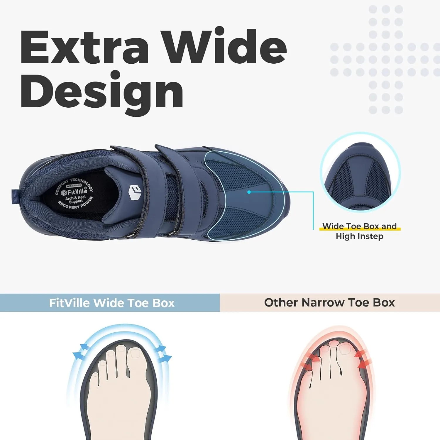 FitVille Extra Wide Walking Shoes for Men Wide Width, Hook and Loop Orthopedic Sneakers for Swollen Feet Neuropathy - Rebound Core V8