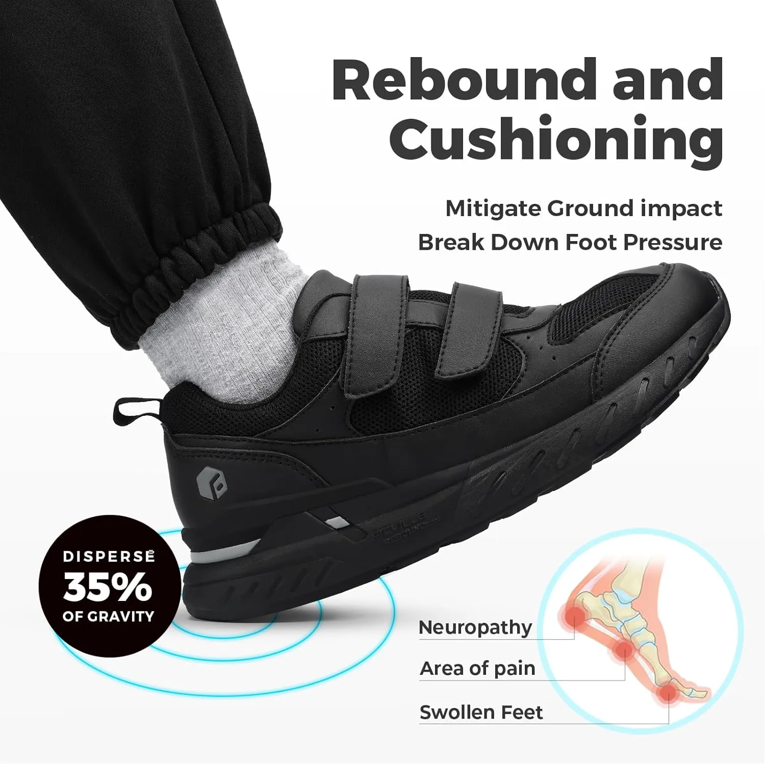 FitVille Extra Wide Walking Shoes for Men Wide Width, Hook and Loop Orthopedic Sneakers for Swollen Feet Neuropathy - Rebound Core V8