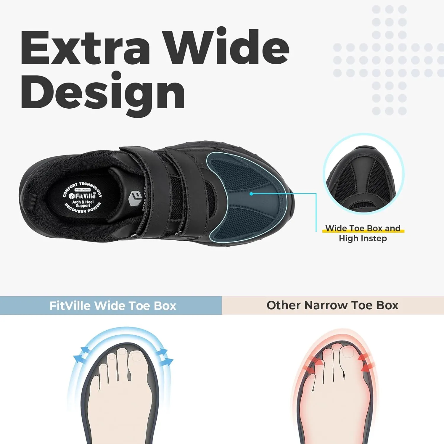 FitVille Extra Wide Walking Shoes for Men Wide Width, Hook and Loop Orthopedic Sneakers for Swollen Feet Neuropathy - Rebound Core V8