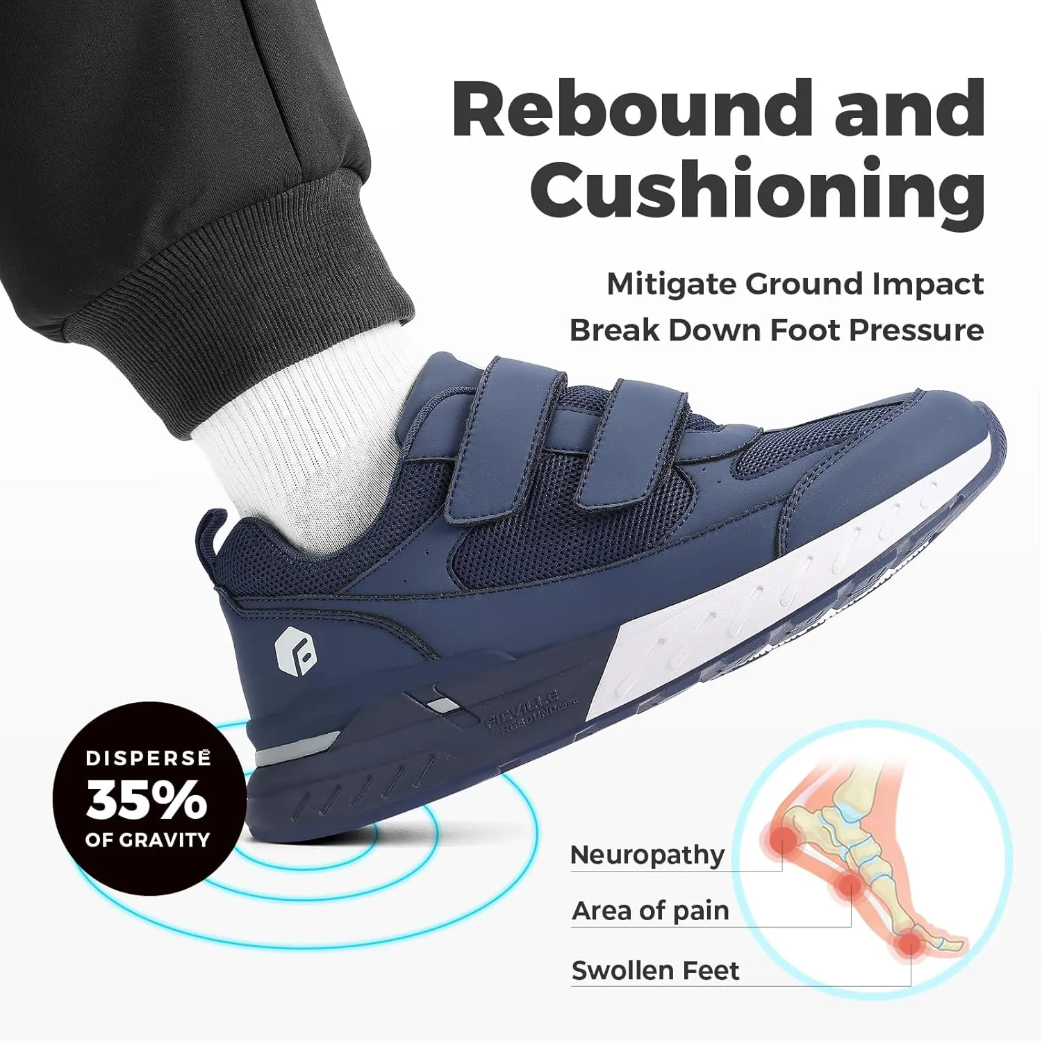 FitVille Extra Wide Walking Shoes for Men Wide Width, Hook and Loop Orthopedic Sneakers for Swollen Feet Neuropathy - Rebound Core V8