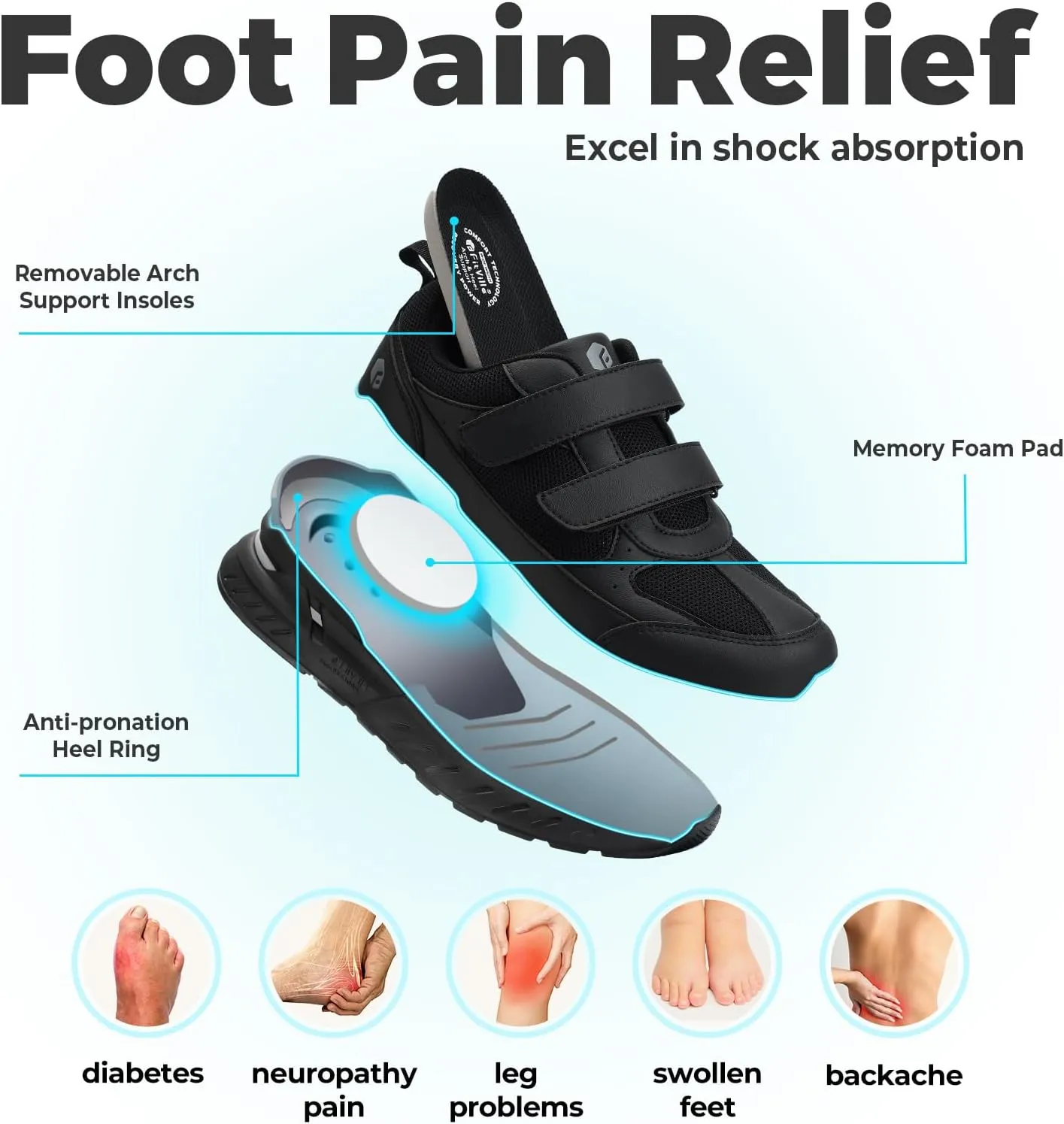 FitVille Extra Wide Walking Shoes for Men Wide Width, Hook and Loop Orthopedic Sneakers for Swollen Feet Neuropathy - Rebound Core V8