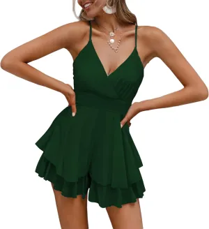 Fixmatti Women Spaghetti Strap Romper V Neck Backless Ruffle Chiffon Shorts Jumpsuit Playsuit