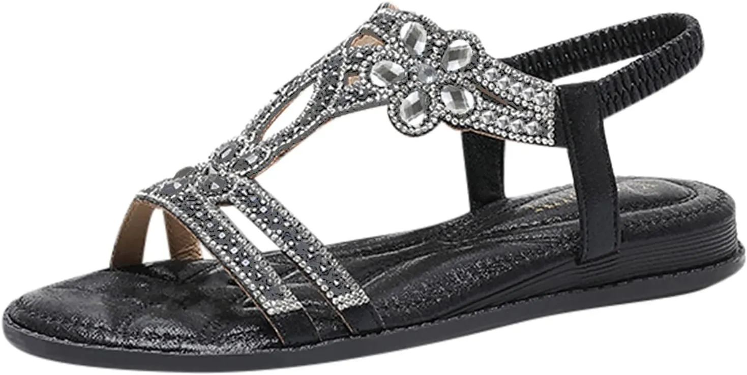 Flat Sandals for Women Bohemian Rhinestone Sandals Summer Beach Sandal Elastic Strap Flip Flops Bohemian Thong Sandal