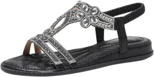 Flat Sandals for Women Bohemian Rhinestone Sandals Summer Beach Sandal Elastic Strap Flip Flops Bohemian Thong Sandal