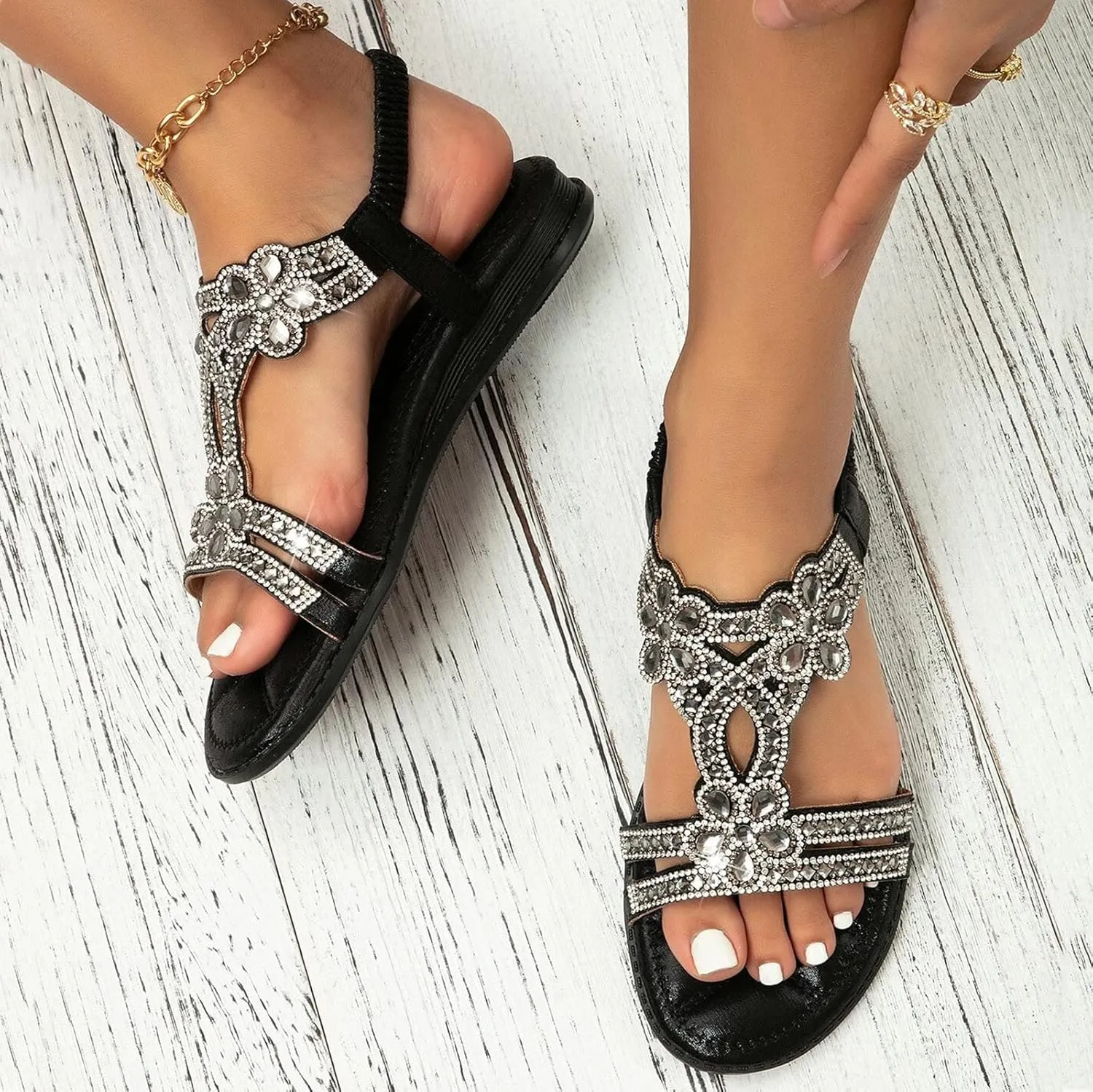 Flat Sandals for Women Bohemian Rhinestone Sandals Summer Beach Sandal Elastic Strap Flip Flops Bohemian Thong Sandal