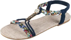 Flat Sandals For Women,Rhinestone Bohemian Braided Flat Sandals Comfortable Walking Casual Beach Ankle Elastic Summer Shoes
