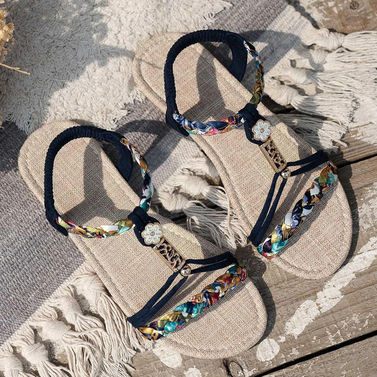 Flat Sandals For Women,Rhinestone Bohemian Braided Flat Sandals Comfortable Walking Casual Beach Ankle Elastic Summer Shoes