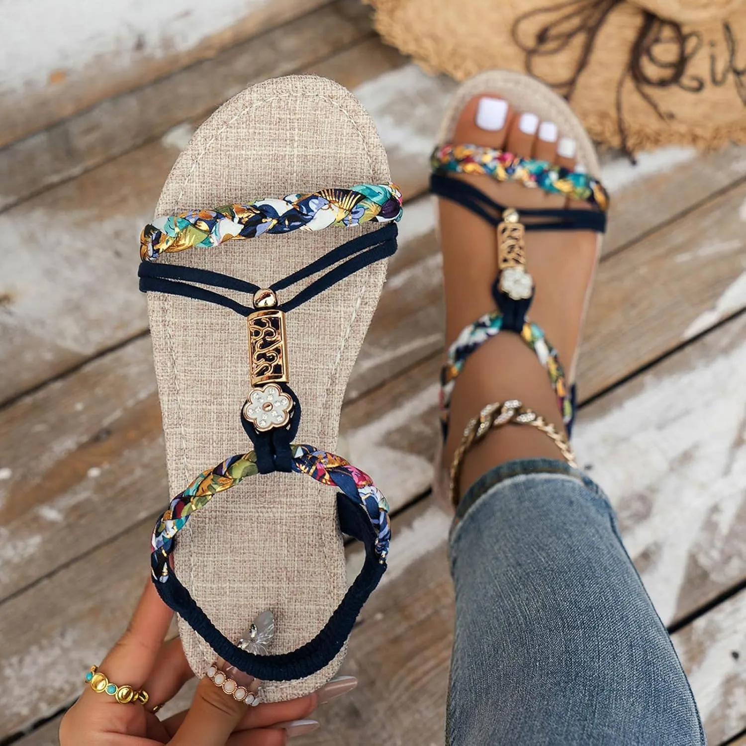 Flat Sandals For Women,Rhinestone Bohemian Braided Flat Sandals Comfortable Walking Casual Beach Ankle Elastic Summer Shoes