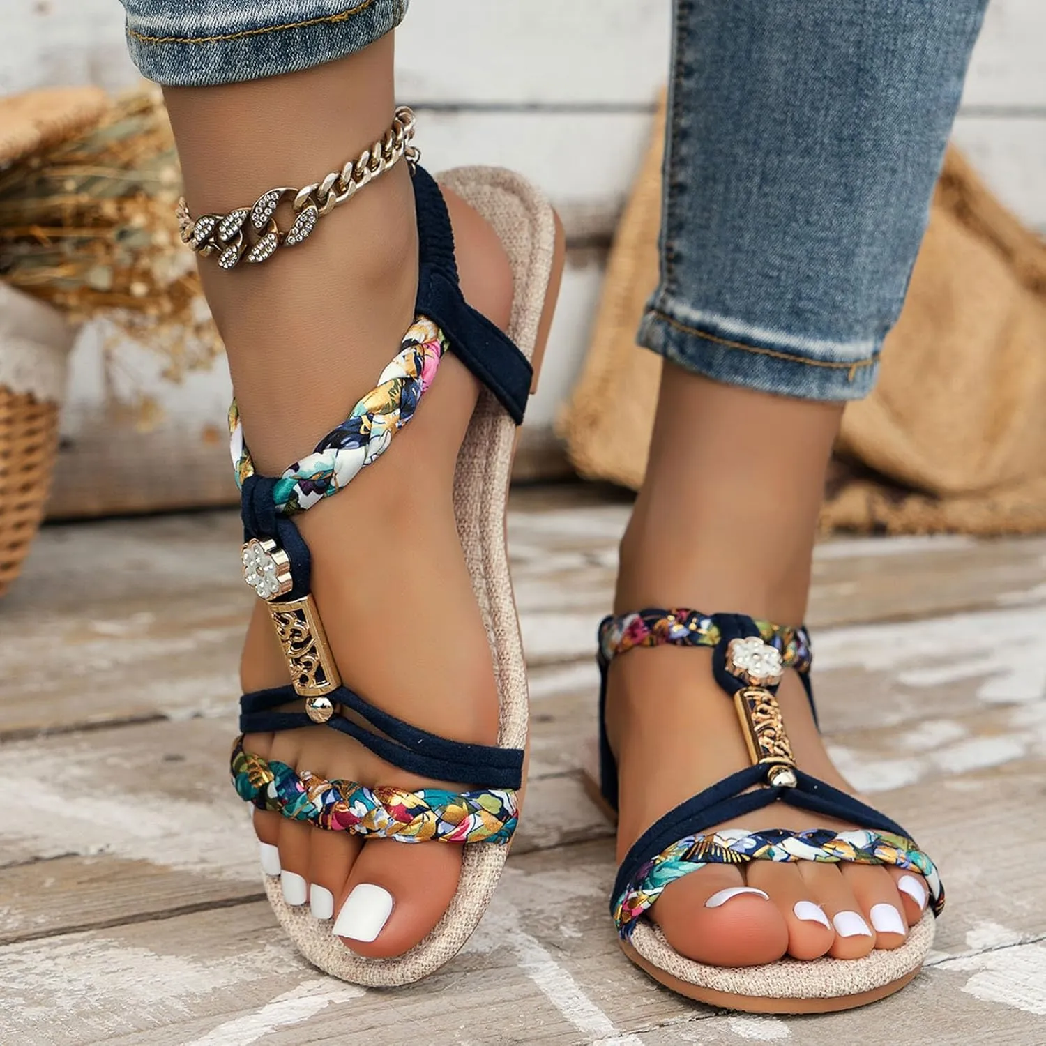 Flat Sandals For Women,Rhinestone Bohemian Braided Flat Sandals Comfortable Walking Casual Beach Ankle Elastic Summer Shoes