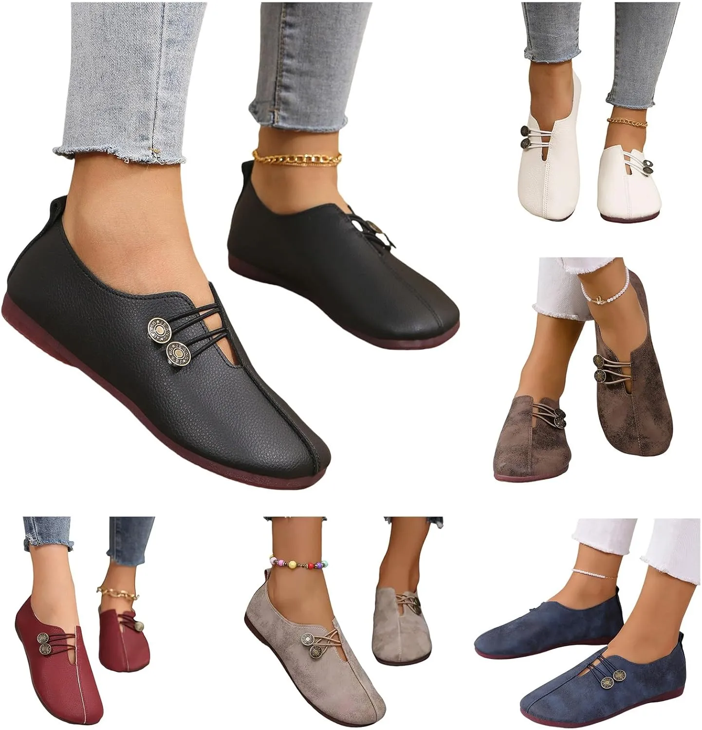 Flats Shoes Women Comfortable Fashion Round Toe Flats Casual Dressy Ballet Flat Shoes Lightweight Soft Non Slip Business Work Loafer Elegant Slip On Loafers with Button