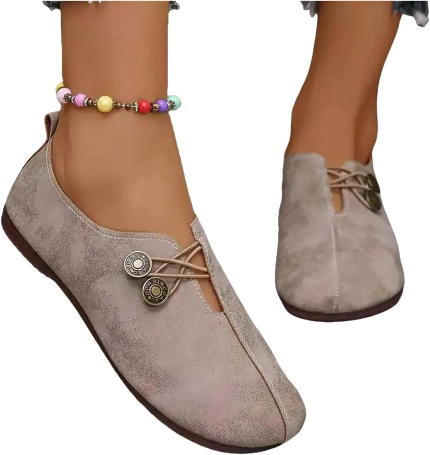Flats Shoes Women Comfortable Fashion Round Toe Flats Casual Dressy Ballet Flat Shoes Lightweight Soft Non Slip Business Work Loafer Elegant Slip On Loafers with Button