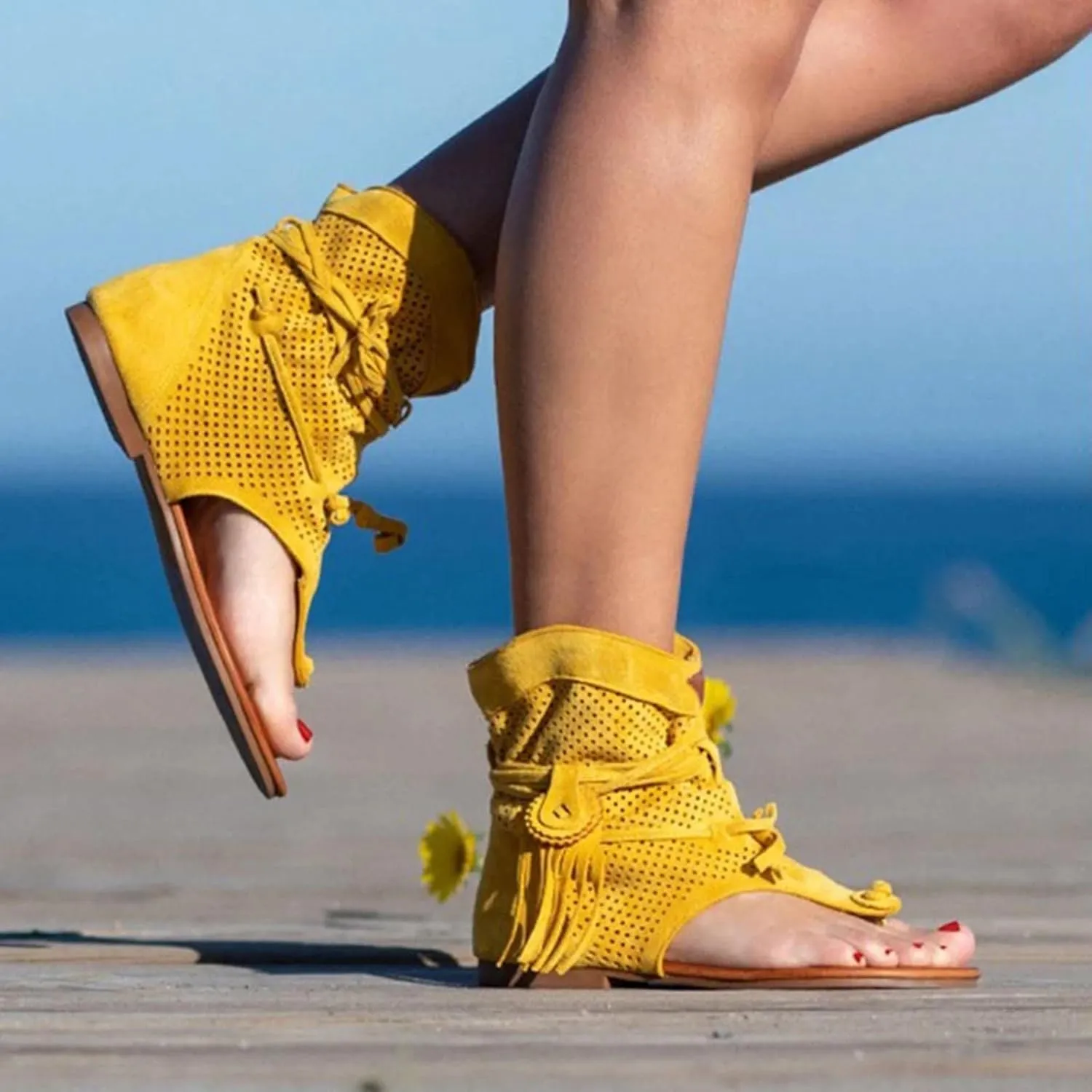 Flip Flops for Women Dressy Summer Flats Vintage Fringe Tassel Straps Clip Toe Slides Breathable Mesh Slippers Bohemian Roman Beach Shoes Boots