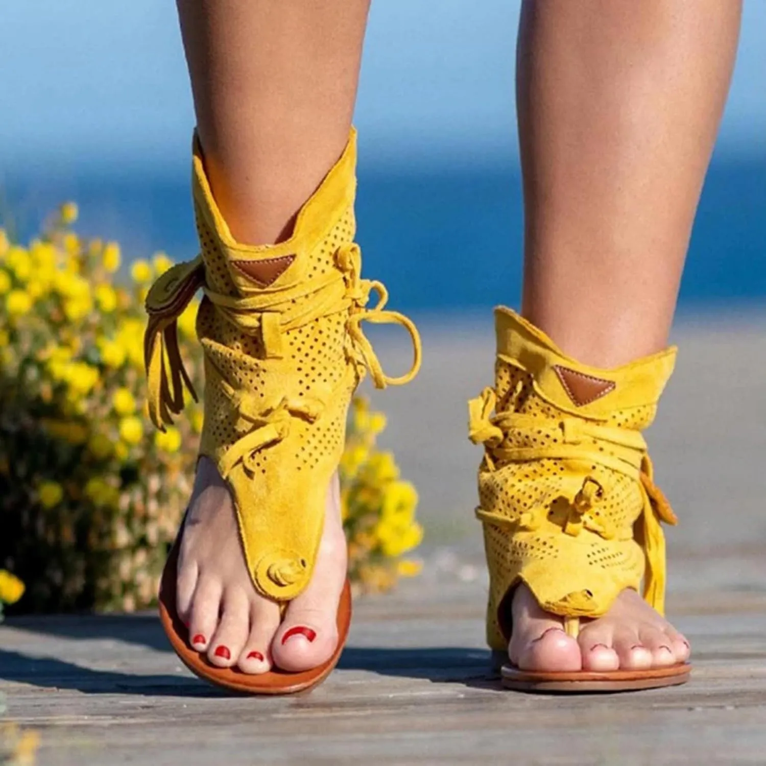 Flip Flops for Women Dressy Summer Flats Vintage Fringe Tassel Straps Clip Toe Slides Breathable Mesh Slippers Bohemian Roman Beach Shoes Boots