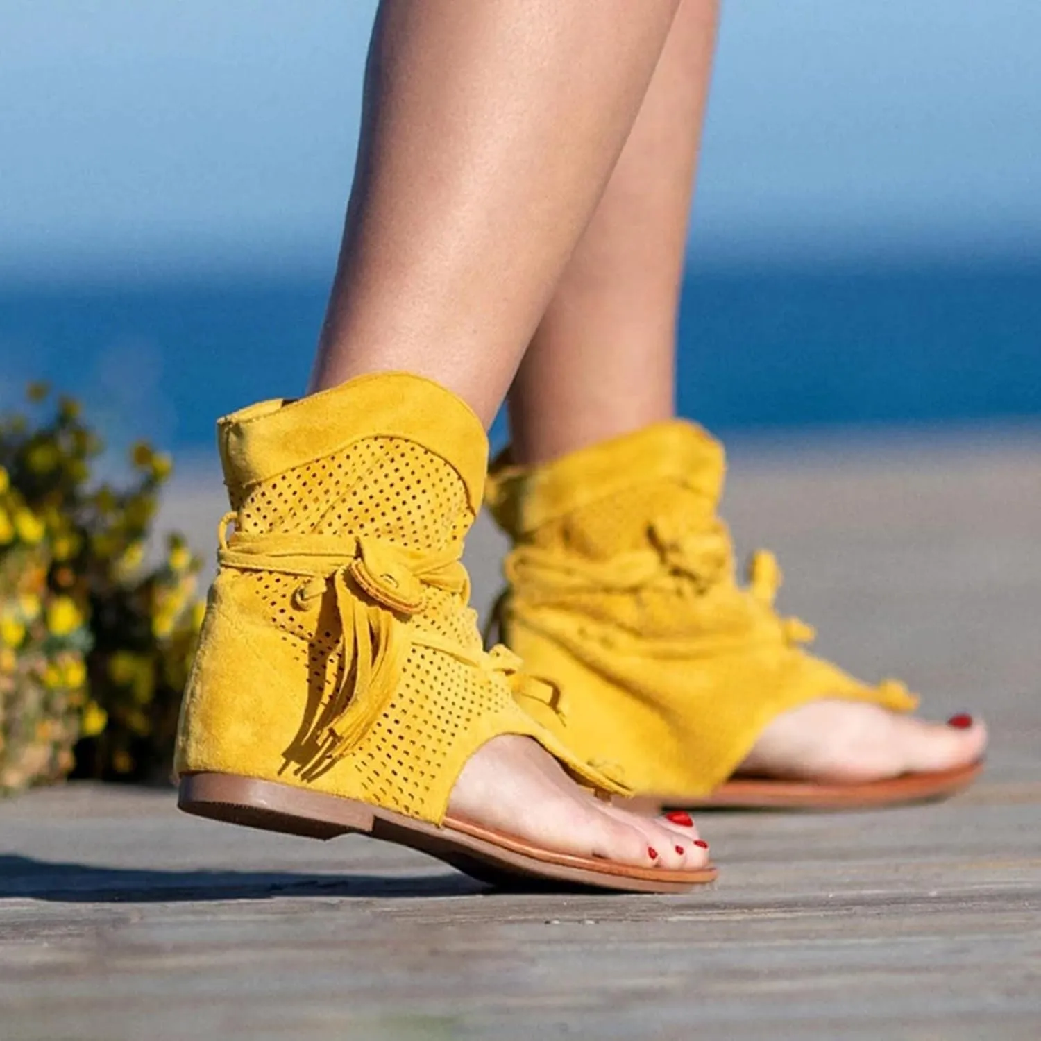 Flip Flops for Women Dressy Summer Flats Vintage Fringe Tassel Straps Clip Toe Slides Breathable Mesh Slippers Bohemian Roman Beach Shoes Boots