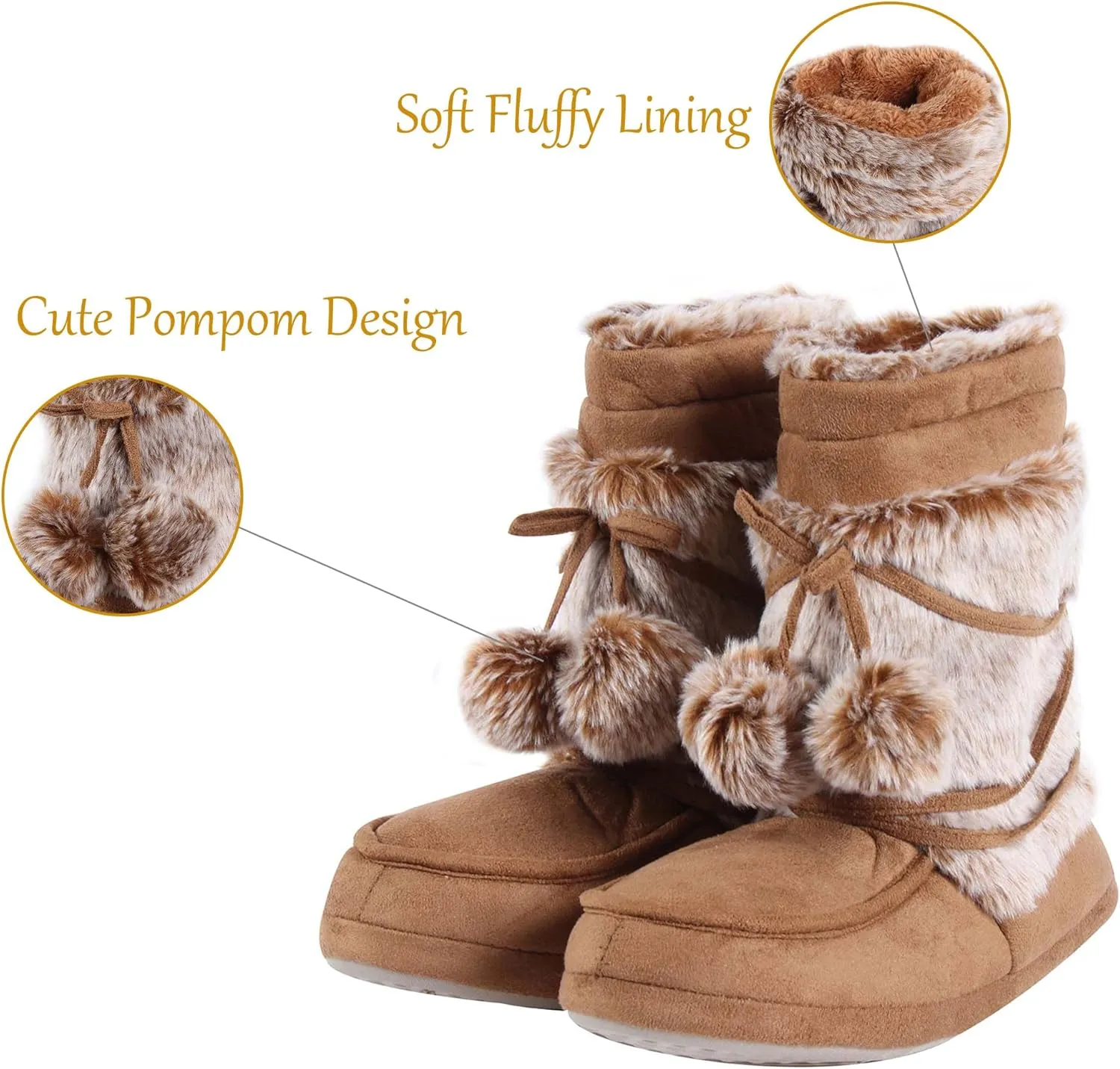 Fluffy Slippers for Women Cute Warm Indoor Bootie Slippers with Pompoms Non-slip House Home Boots
