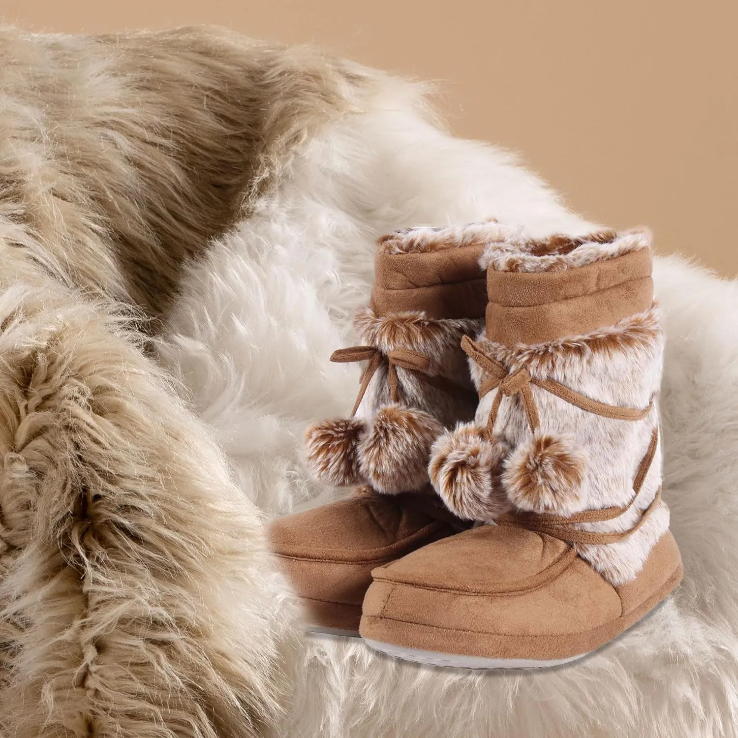Fluffy Slippers for Women Cute Warm Indoor Bootie Slippers with Pompoms Non-slip House Home Boots