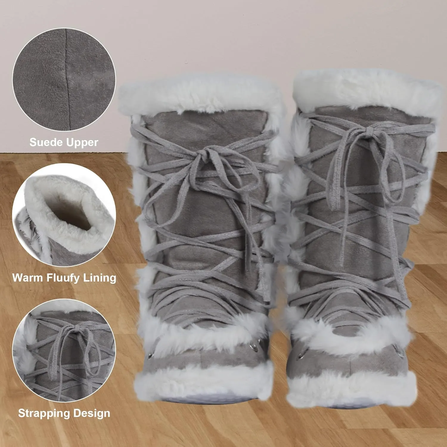 Fluffy Slippers for Women Cute Warm Indoor Bootie Slippers with Pompoms Non-slip House Home Boots