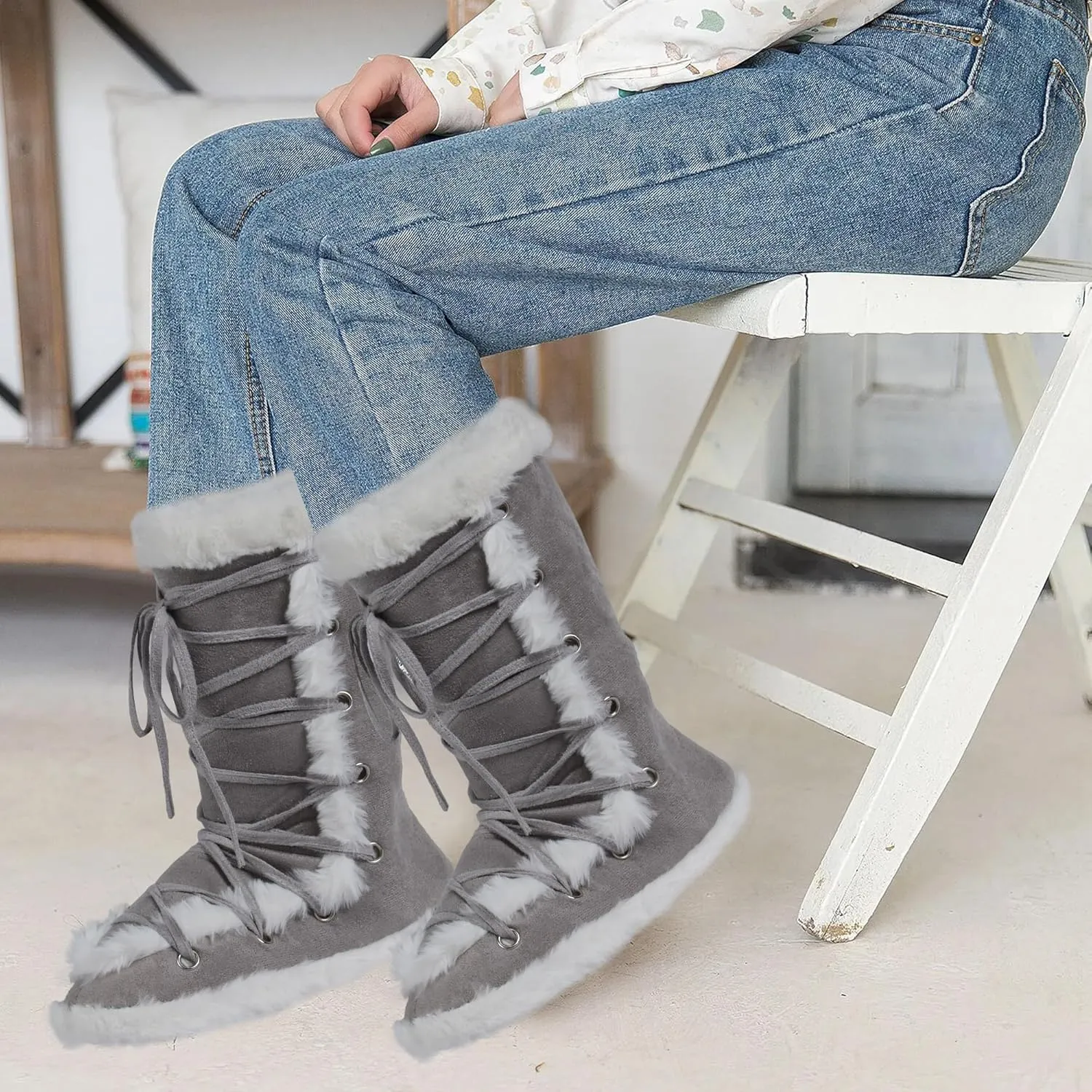 Fluffy Slippers for Women Cute Warm Indoor Bootie Slippers with Pompoms Non-slip House Home Boots