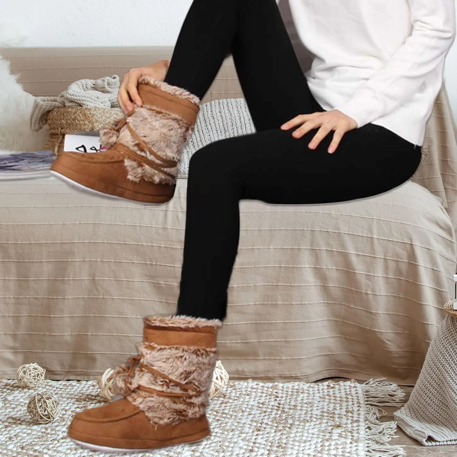Fluffy Slippers for Women Cute Warm Indoor Bootie Slippers with Pompoms Non-slip House Home Boots