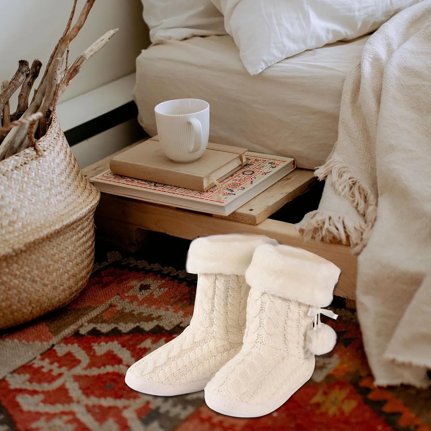 Forfoot Slippers Womens Indoor Slipper Boots for Ladies Girls with Knitted Upper and Bow