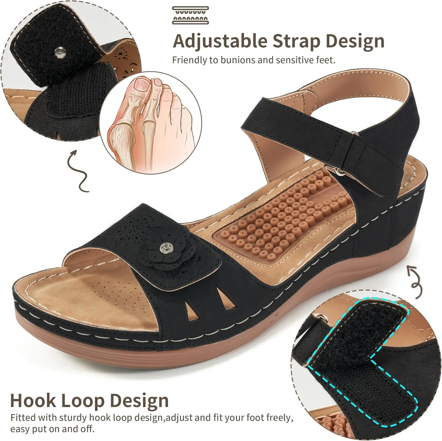 FUDYNMALC Sandals for Women Orthopedic Shoes: Comfortable Dressy Womens Wedge Sandal Summer Walking Wedges - Casual Platform Sandals with Adjustable Hook Loop