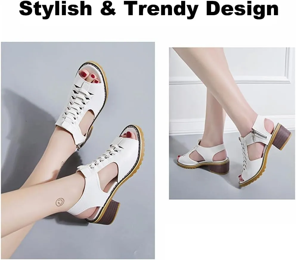 Funfany Womens Orthotic Sandals, Funfany Peep Toe Cutout Zipper Chunky Heeled Sandals, Summer Ultra-Comfy Wedge Sandal