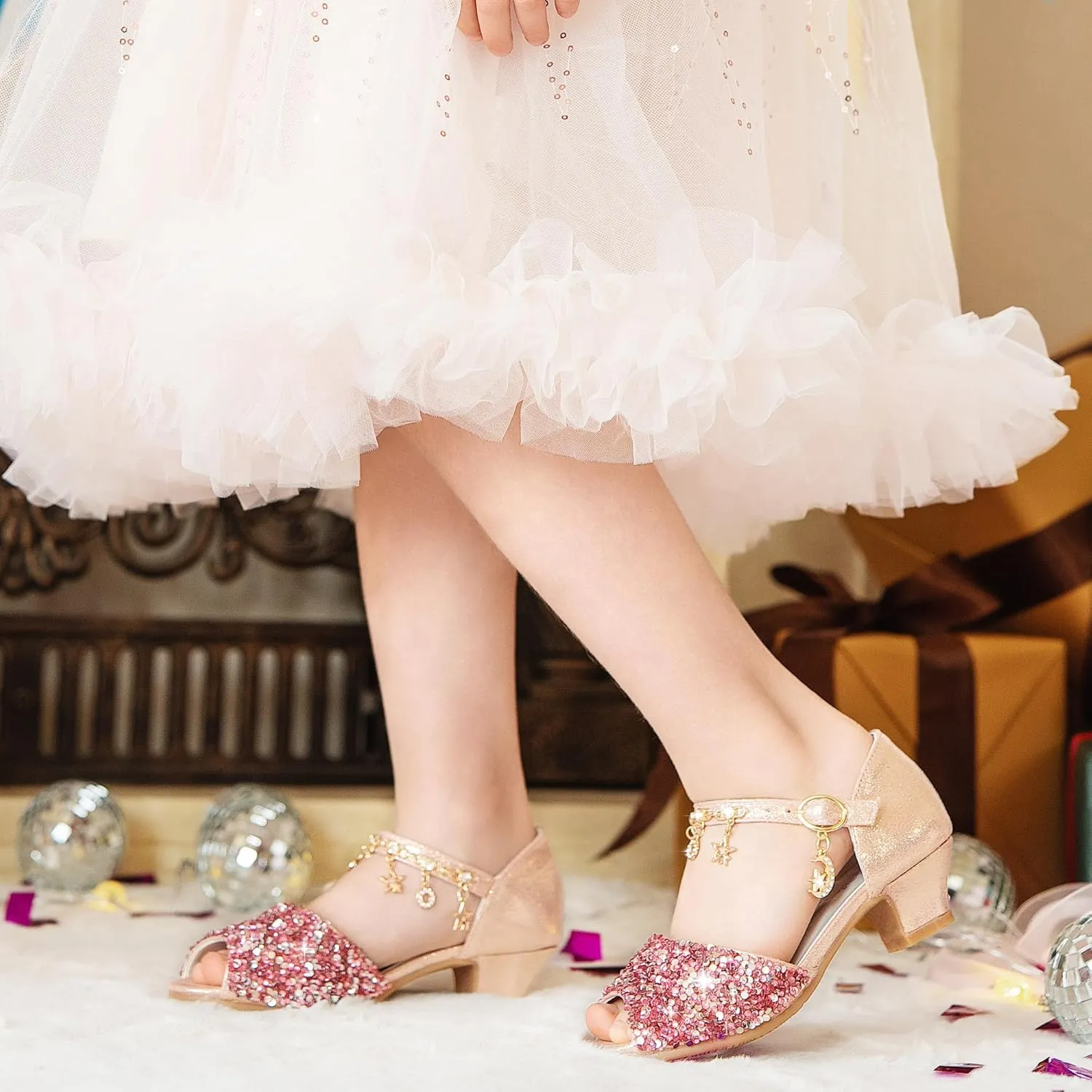 Furdeour Sparkly Girls Dress Shoes Princess Shoes High Heels Peep Toe Low Heel Glitter Toddler Big Kid Wedding Party