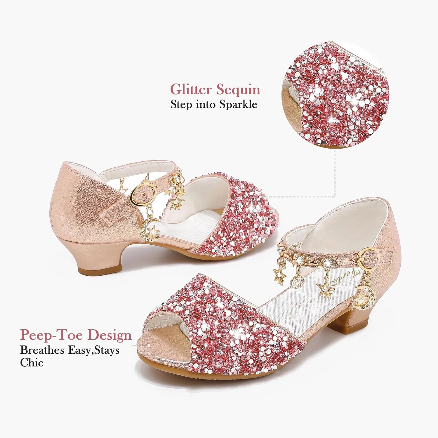 Furdeour Sparkly Girls Dress Shoes Princess Shoes High Heels Peep Toe Low Heel Glitter Toddler Big Kid Wedding Party