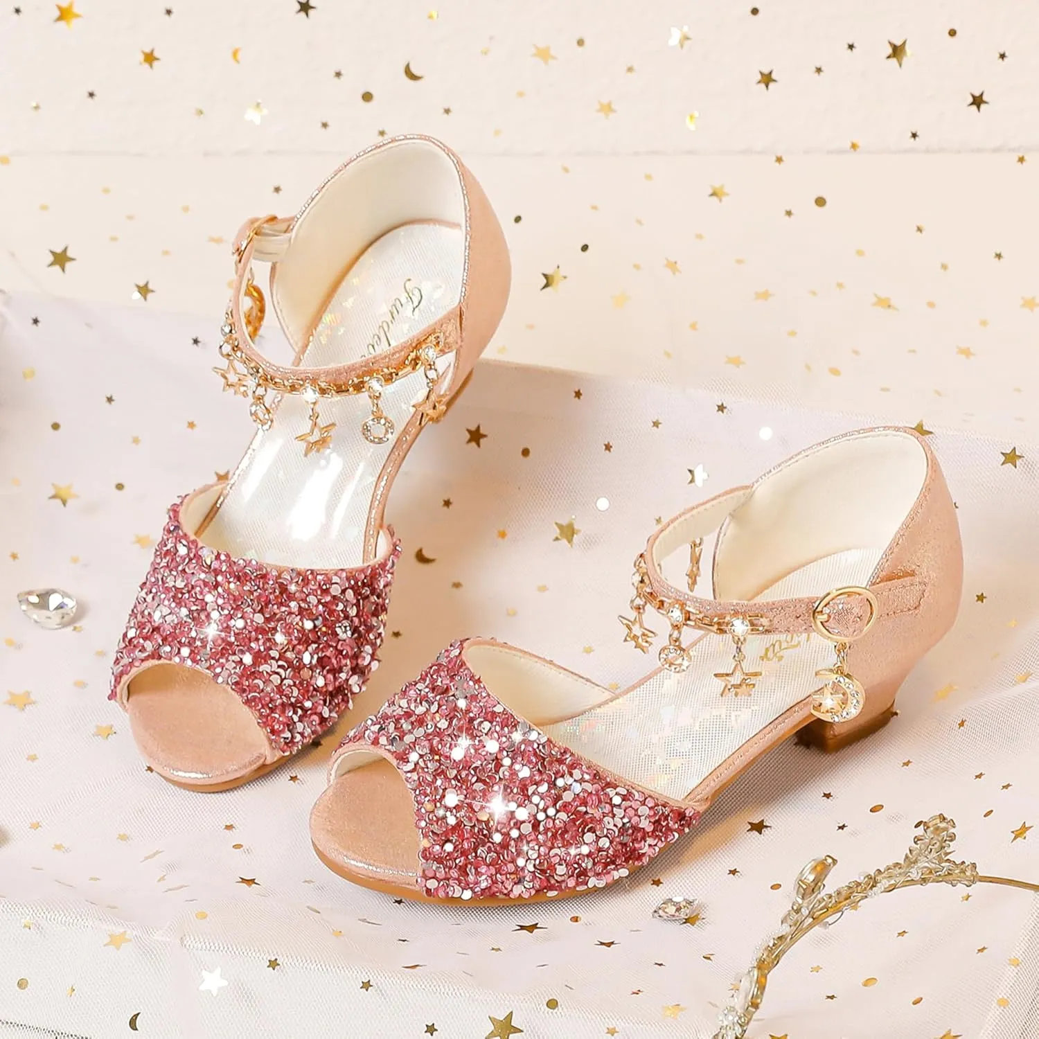 Furdeour Sparkly Girls Dress Shoes Princess Shoes High Heels Peep Toe Low Heel Glitter Toddler Big Kid Wedding Party
