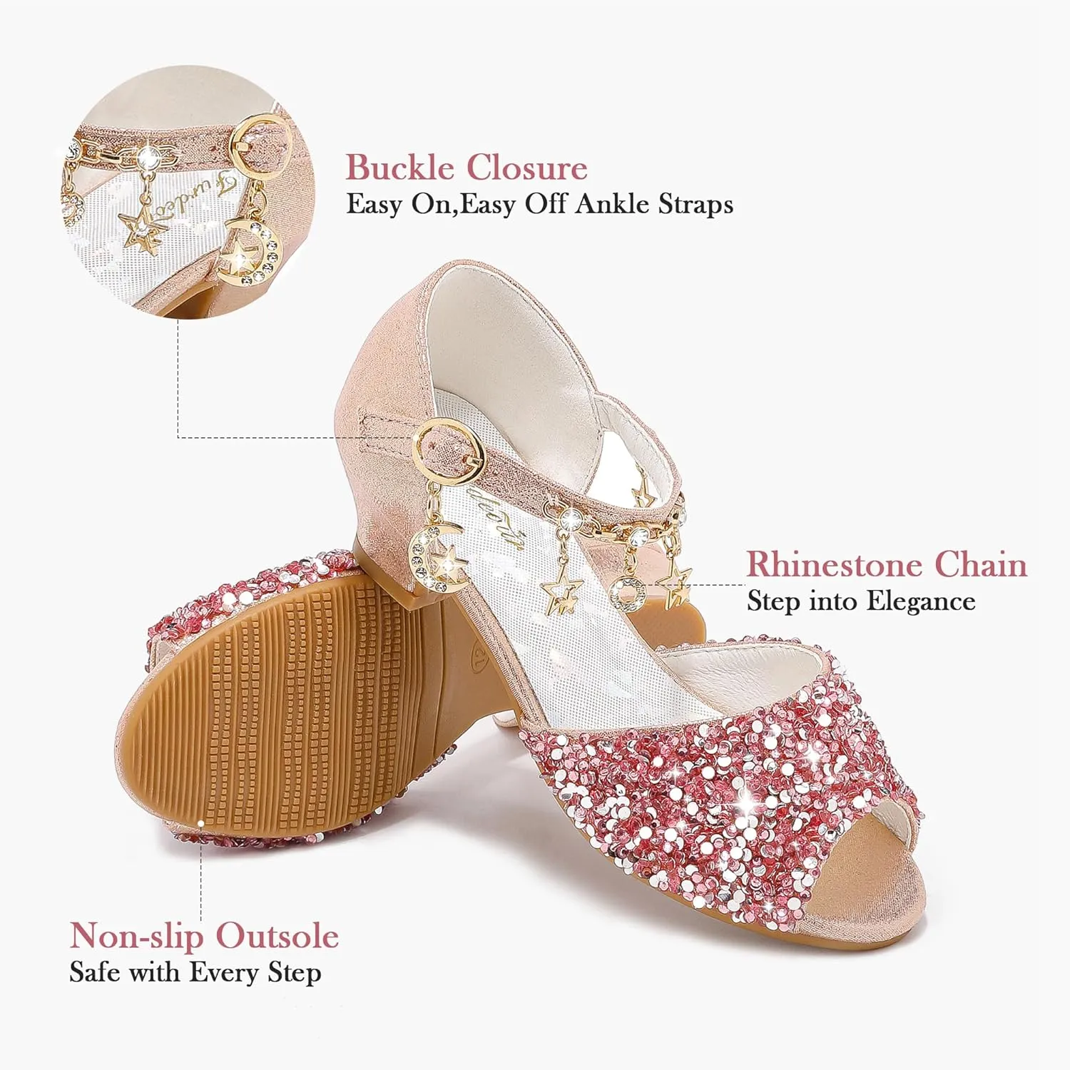 Furdeour Sparkly Girls Dress Shoes Princess Shoes High Heels Peep Toe Low Heel Glitter Toddler Big Kid Wedding Party
