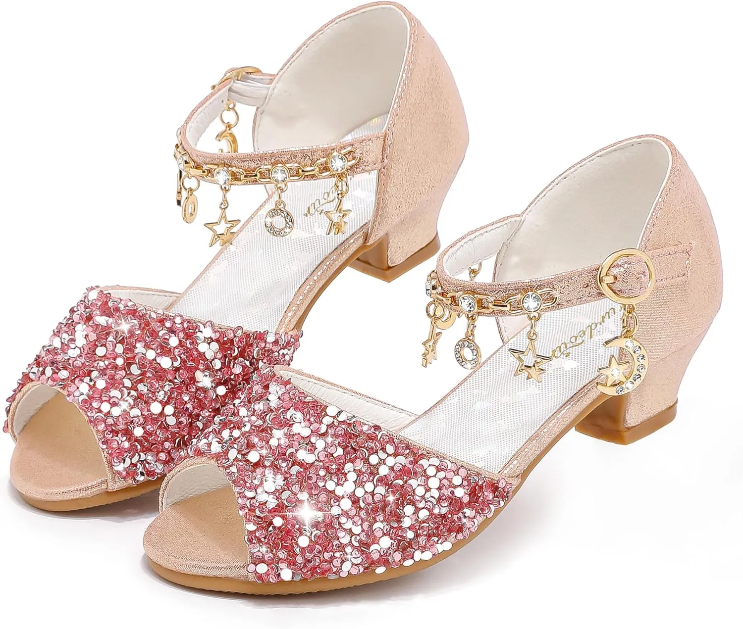 Furdeour Sparkly Girls Dress Shoes Princess Shoes High Heels Peep Toe Low Heel Glitter Toddler Big Kid Wedding Party