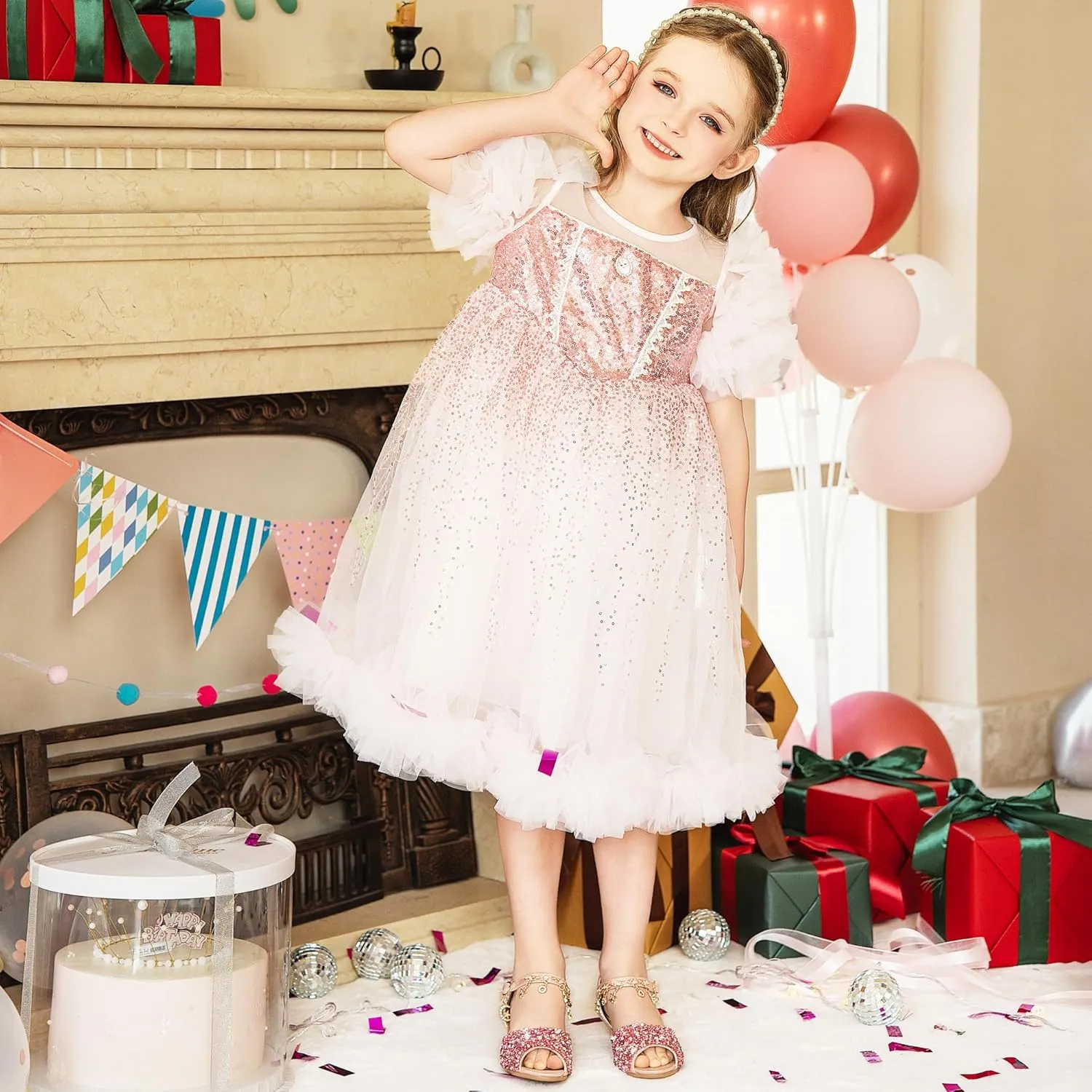 Furdeour Sparkly Girls Dress Shoes Princess Shoes High Heels Peep Toe Low Heel Glitter Toddler Big Kid Wedding Party