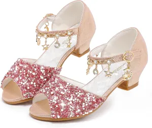 Furdeour Sparkly Girls Dress Shoes Princess Shoes High Heels Peep Toe Low Heel Glitter Toddler Big Kid Wedding Party