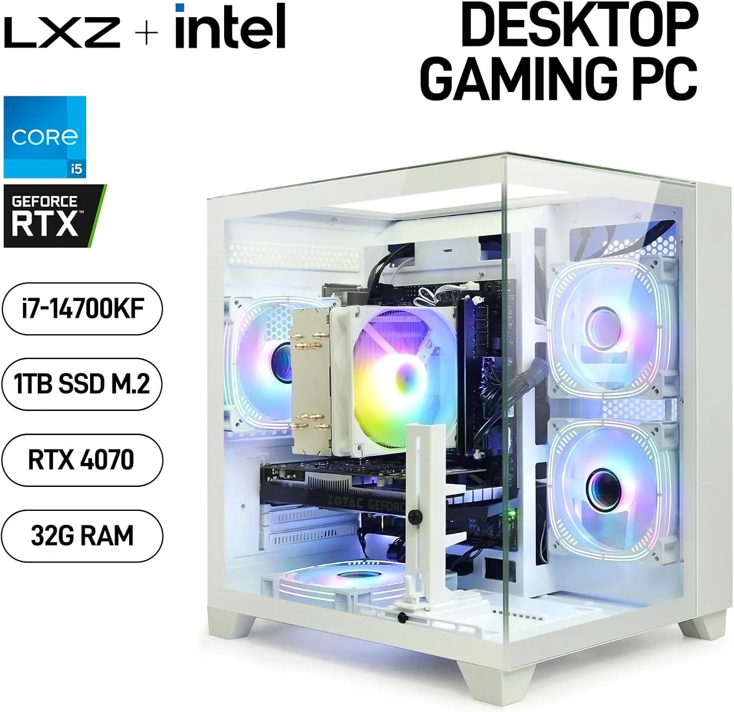 Gaming Desktop Intel Core I7-14700KF 20 Core 5.6GHz PC Computer, RTX 4070 12G, 32G DDR5 RAM, 1TB NVME SSD, Prebuilt Gaming PC Tower Computer for Home and Office (White)