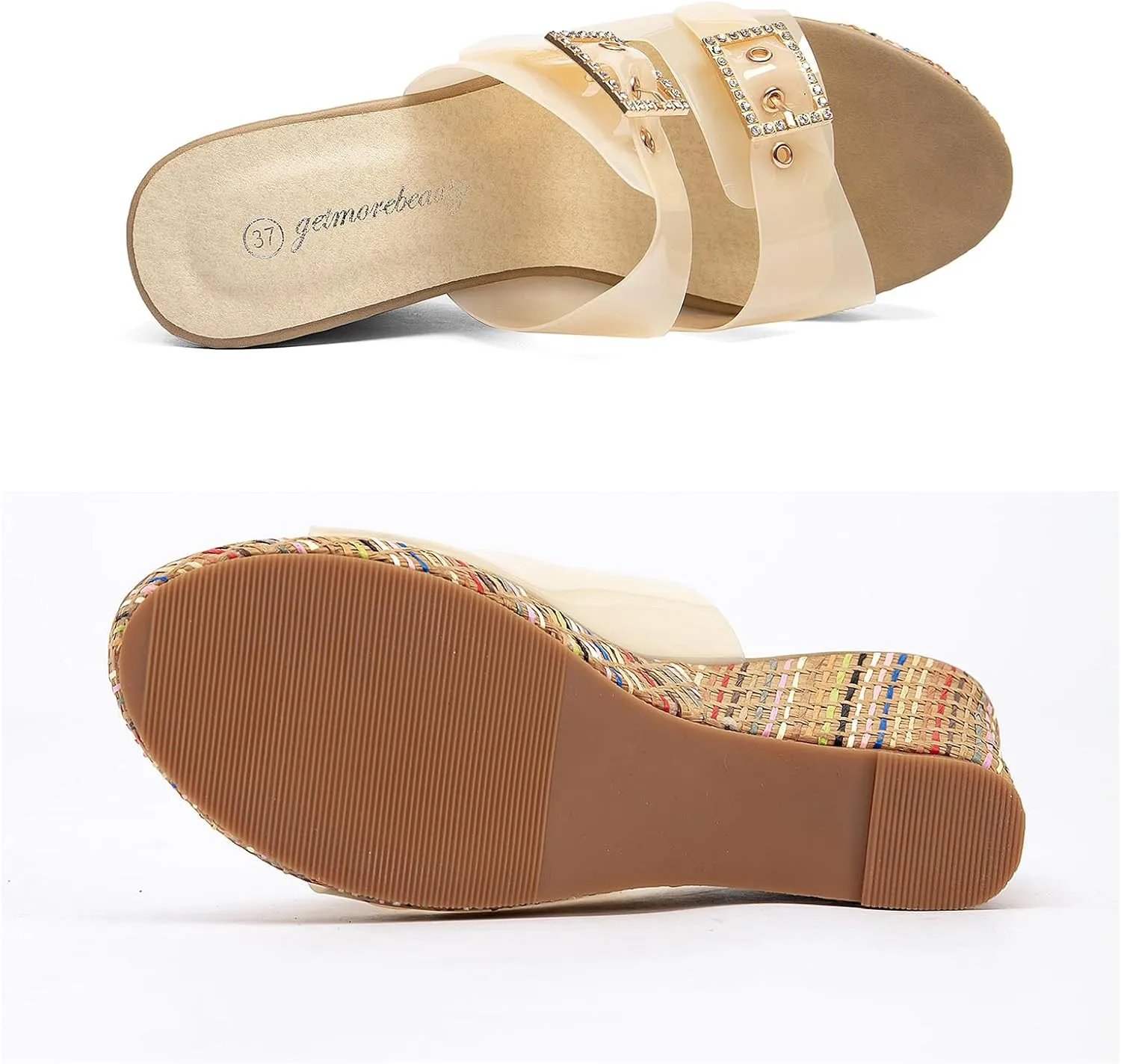 getmorebeauty Women's Platform Wedge Sandals with Rhinestone Buckle Strap Open Toe Slip On High Heels Summer Dressy Shoes