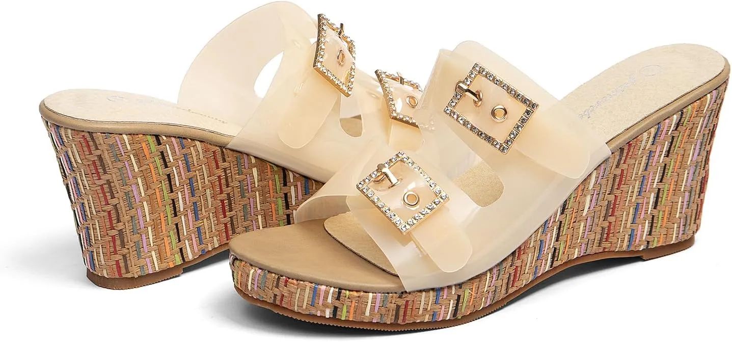 getmorebeauty Women's Platform Wedge Sandals with Rhinestone Buckle Strap Open Toe Slip On High Heels Summer Dressy Shoes