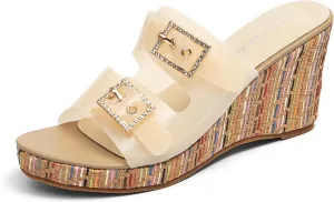 getmorebeauty Women's Platform Wedge Sandals with Rhinestone Buckle Strap Open Toe Slip On High Heels Summer Dressy Shoes