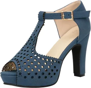 getmorebeauty Women's Vintage Heeled Sandals Suede Ankle T Straps Dress Block High Heel Sandals Women Shoes